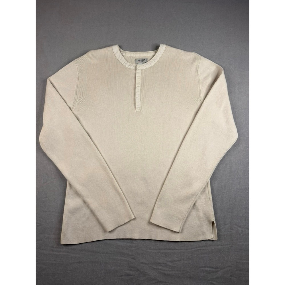 Guess Mens Cream Cotton Ribbed Henley Long Sleeve Shirt Size Large